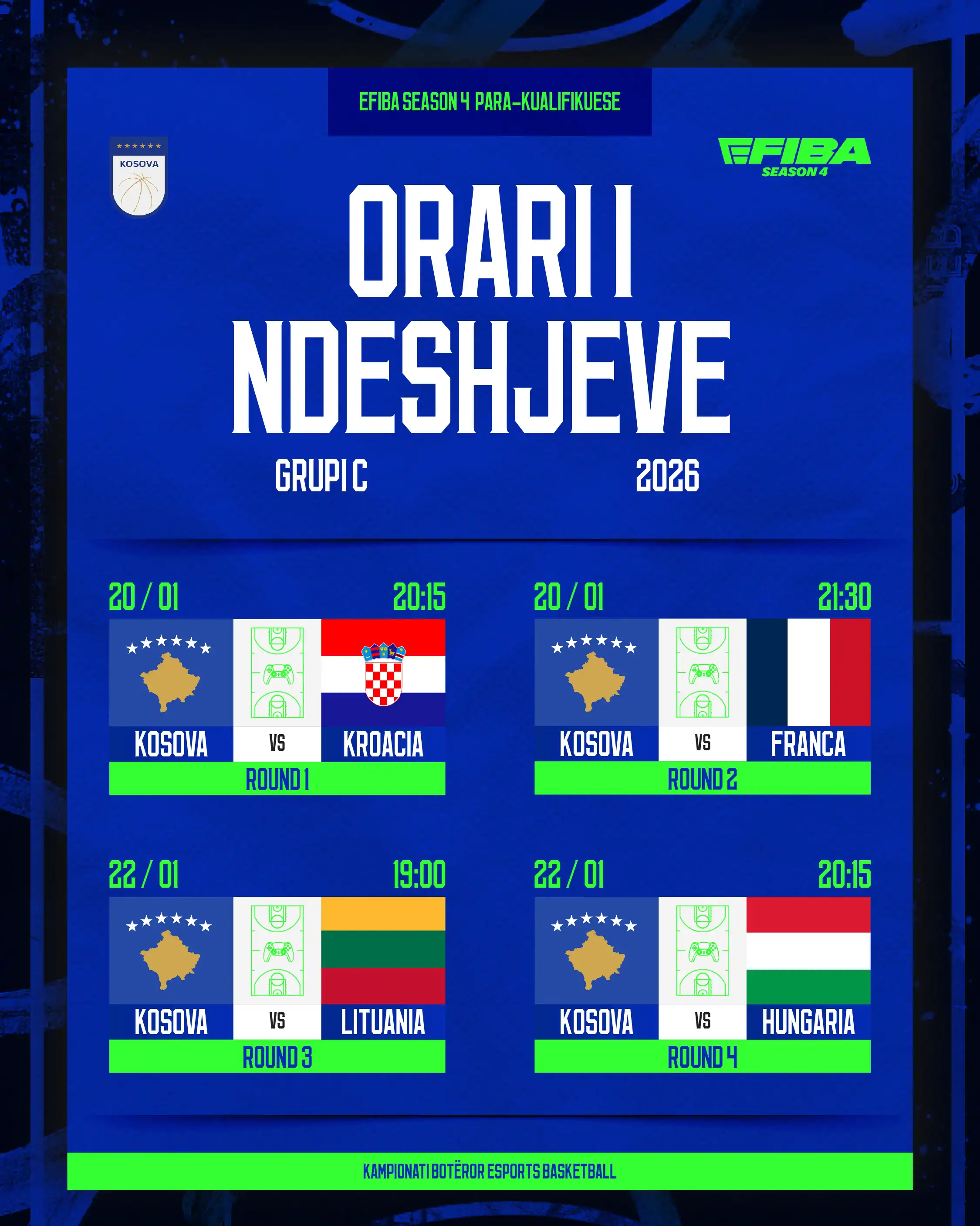 Orari i ndeshjeve të Kosovës në Esports Basketball eFIBA Season 4